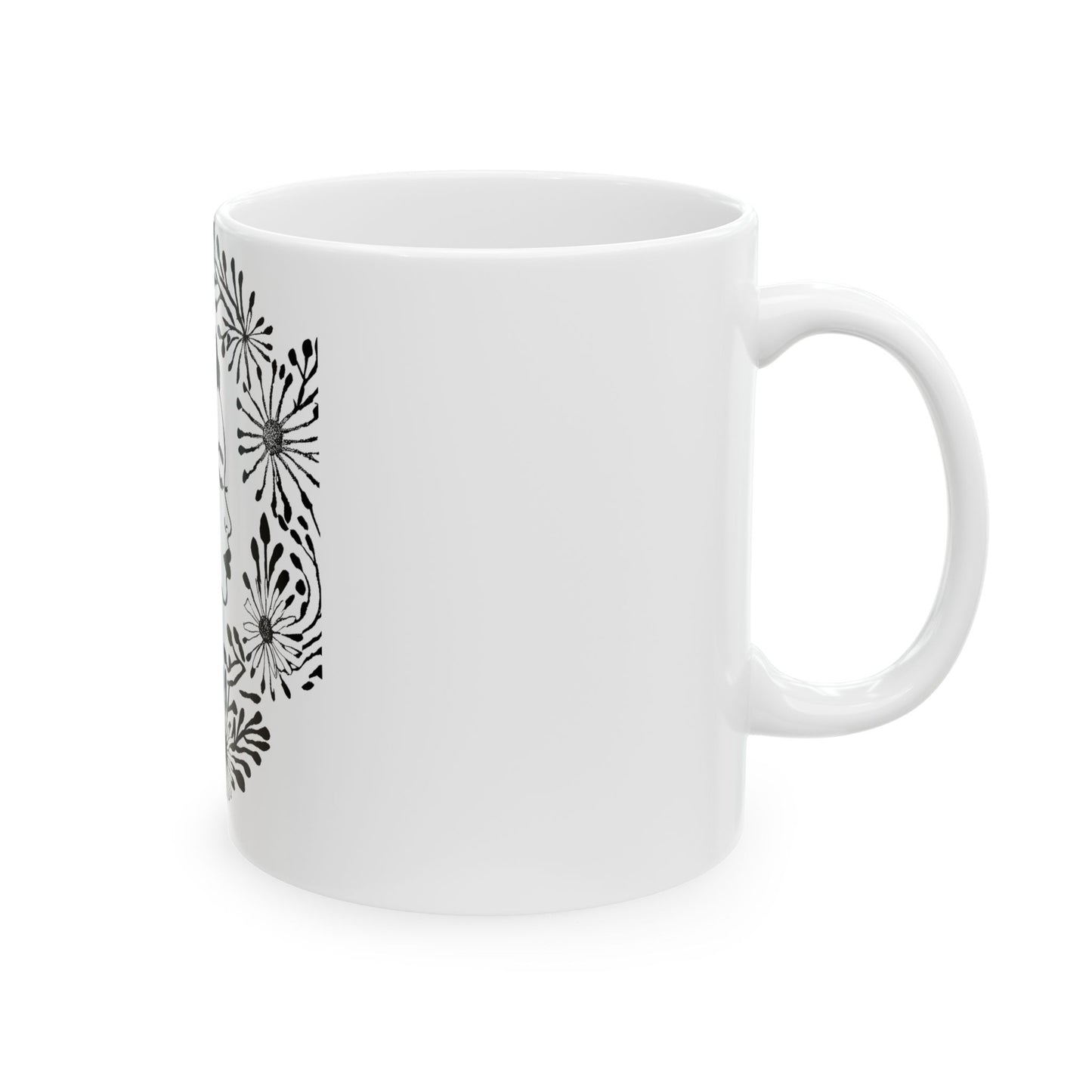 Floral Profile Ceramic Mug — Black & White Portrait Coffee Cup (11oz/15oz)