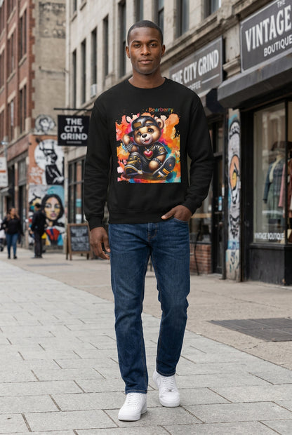 A black crewneck sweatshirt featuring a colorful graphic of a cartoon bear wearing a cap and headphones, with the text 'Bearberry' above it, displayed on a clean white background.