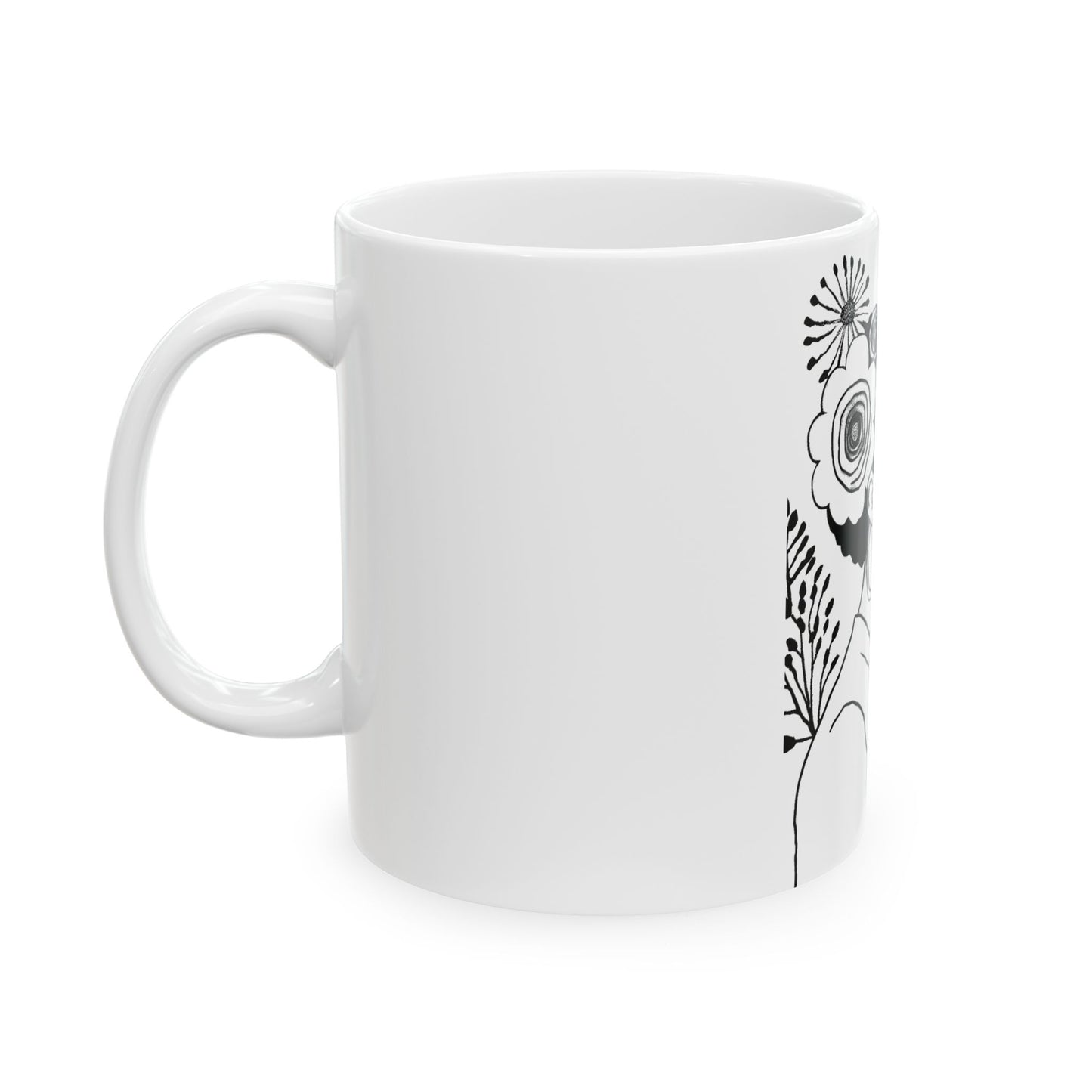 Floral Profile Ceramic Mug — Black & White Portrait Coffee Cup (11oz/15oz)