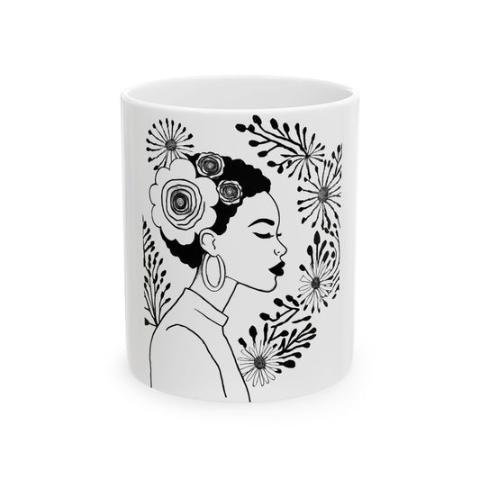 Floral Profile Ceramic Mug — Black & White Portrait Coffee Cup (11oz/15oz)