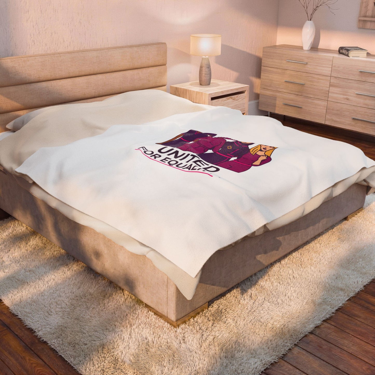 United for Equality Velveteen Blanket | IWD feminist slogan, empowerment design