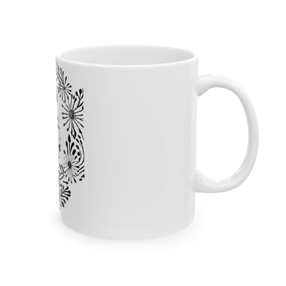 Floral Profile Ceramic Mug — Black & White Portrait Coffee Cup (11oz/15oz)