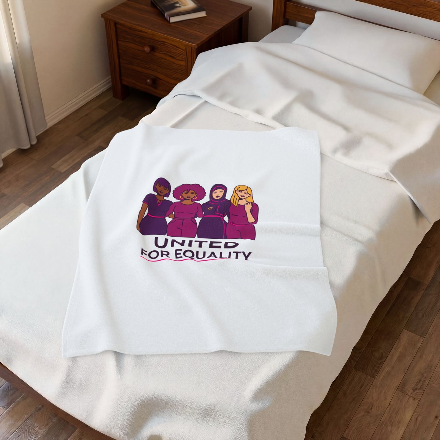 United for Equality Velveteen Blanket | IWD feminist slogan, empowerment design