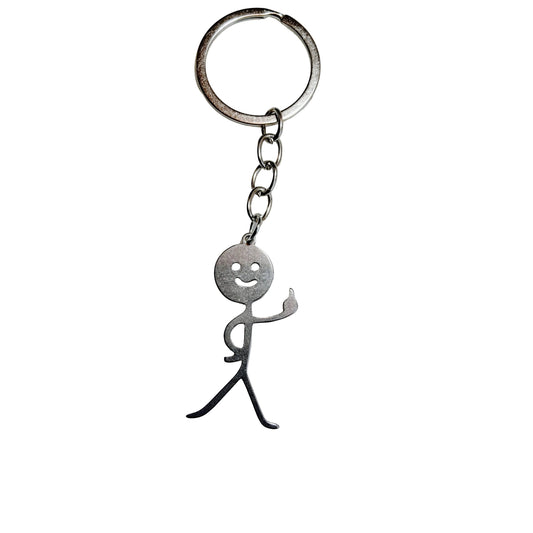 Funny Keychain with a stick figure design on a light gray background