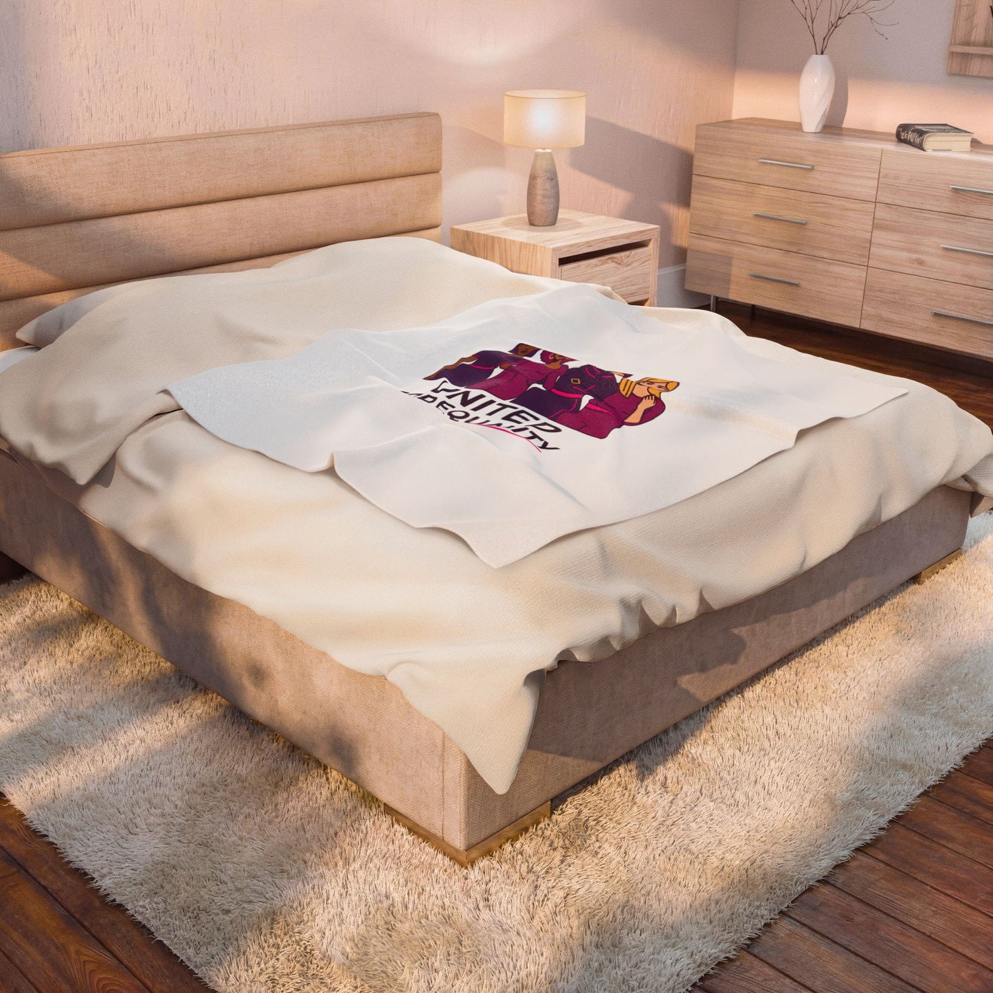 United for Equality Velveteen Blanket | IWD feminist slogan, empowerment design