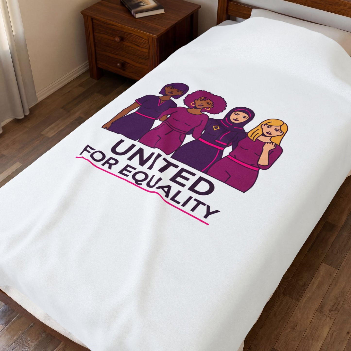 United for Equality Velveteen Blanket | IWD feminist slogan, empowerment design