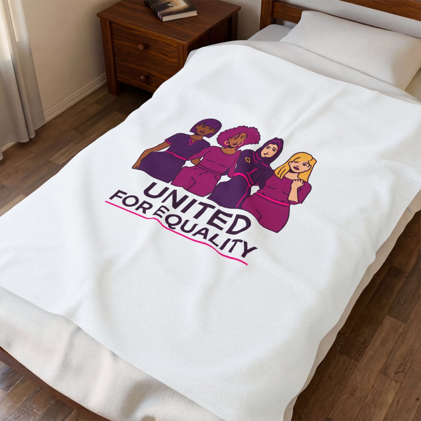 United for Equality Velveteen Blanket | IWD feminist slogan, empowerment design