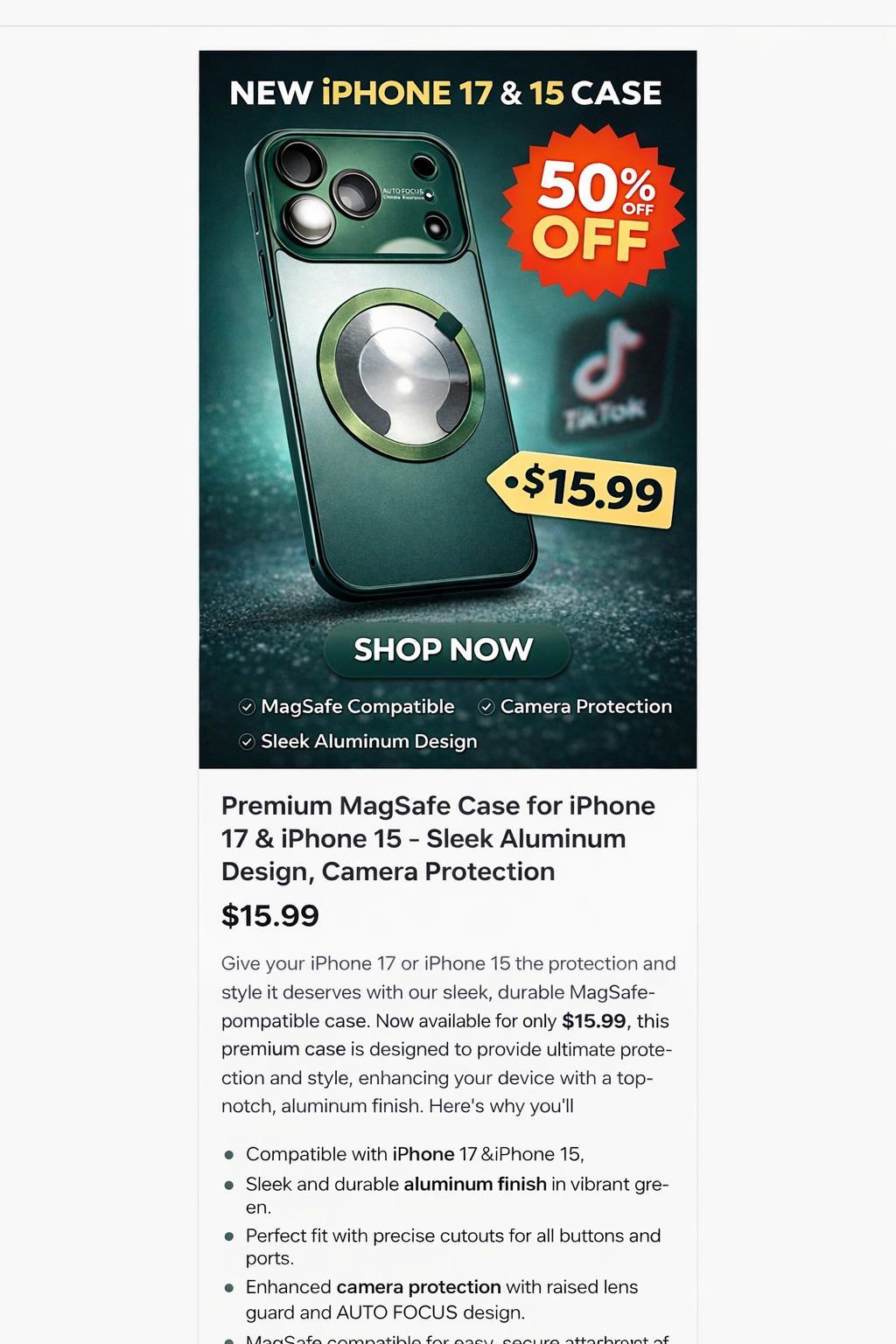 Promotional advertisement for a green phone case with a 50% off discount offer.