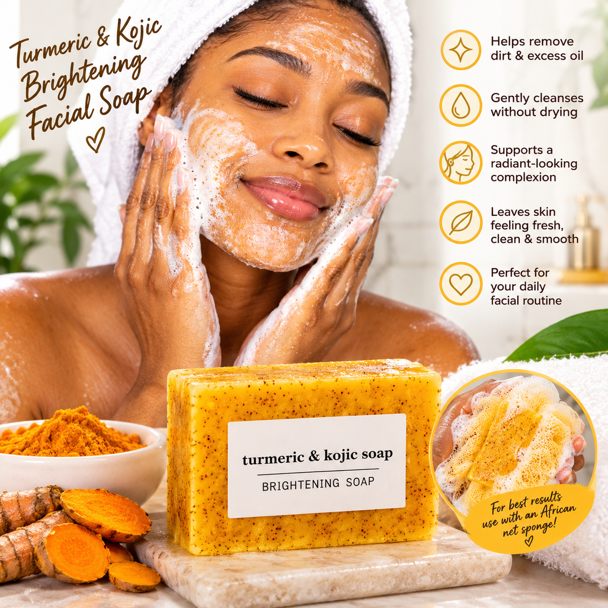 Turmeric & Kojic Acid Facial Soap | Brightening Cleansing Bar for Radiant-Looking Skin