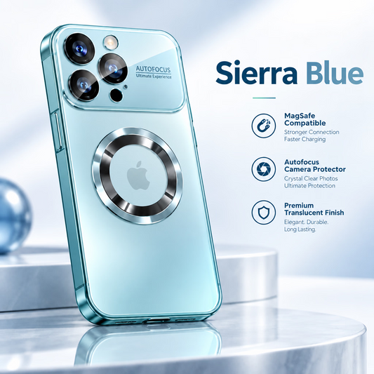 Smartphone with 'Autofocus' text on a blue background, labeled 'Sierra Blue'.